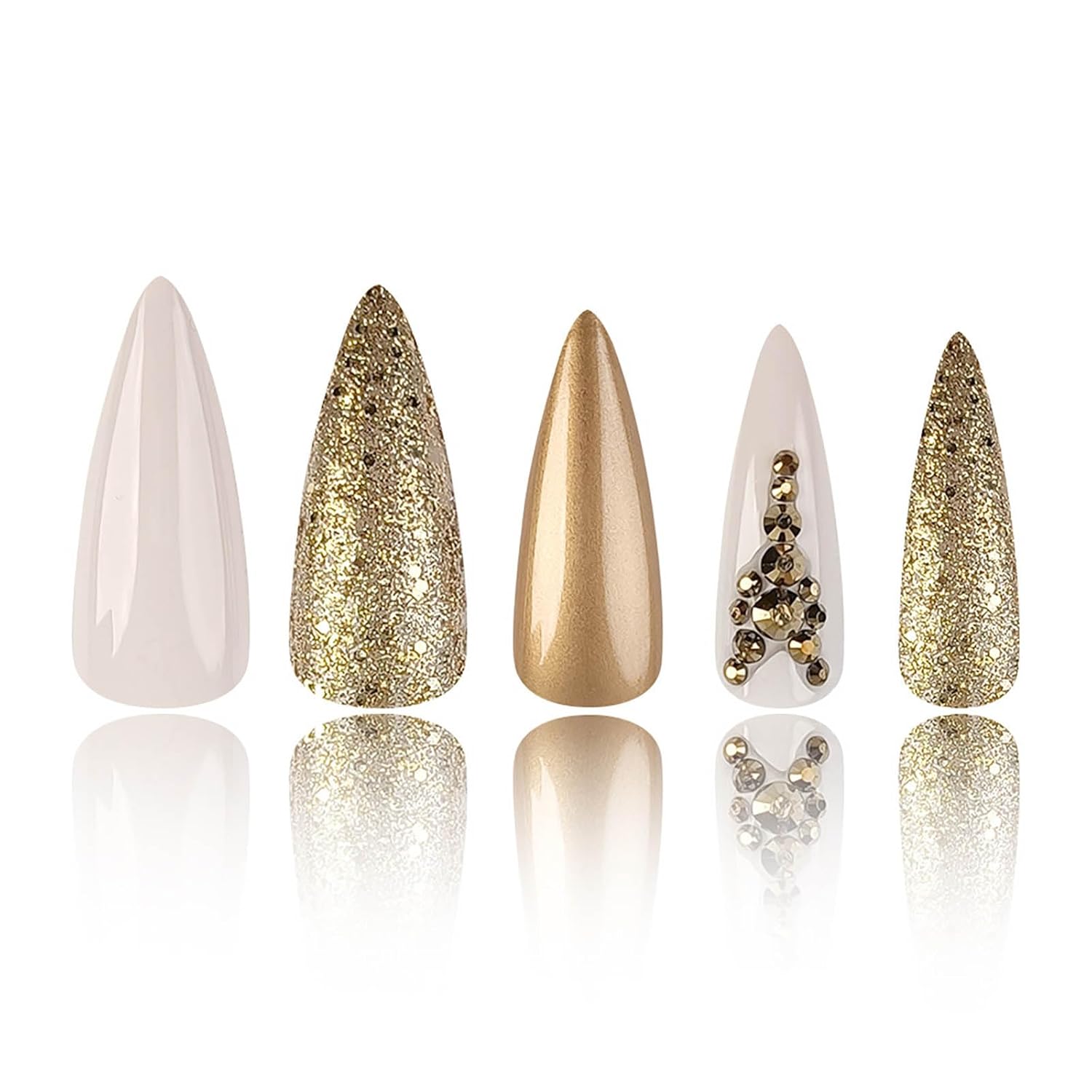 Gold Rhinestones Glitter Stiletto Press-On Nails Acrylic Nails - Free Shipping