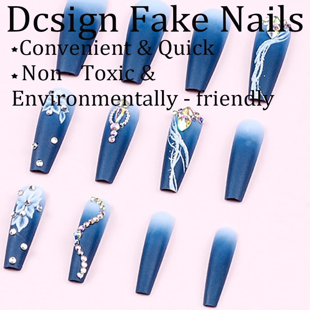 Blue Floral Rhinestone Long Coffin Press-On Nails Acrylic False Nails-Free Shipping