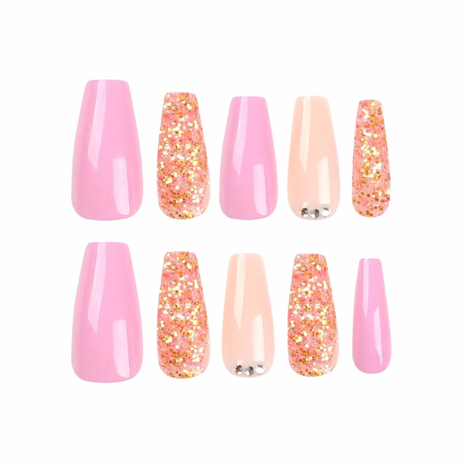 Nude Glitter Press On Medium Coffin False Nails -Free Shipping - Lady Luana Luxe Nails