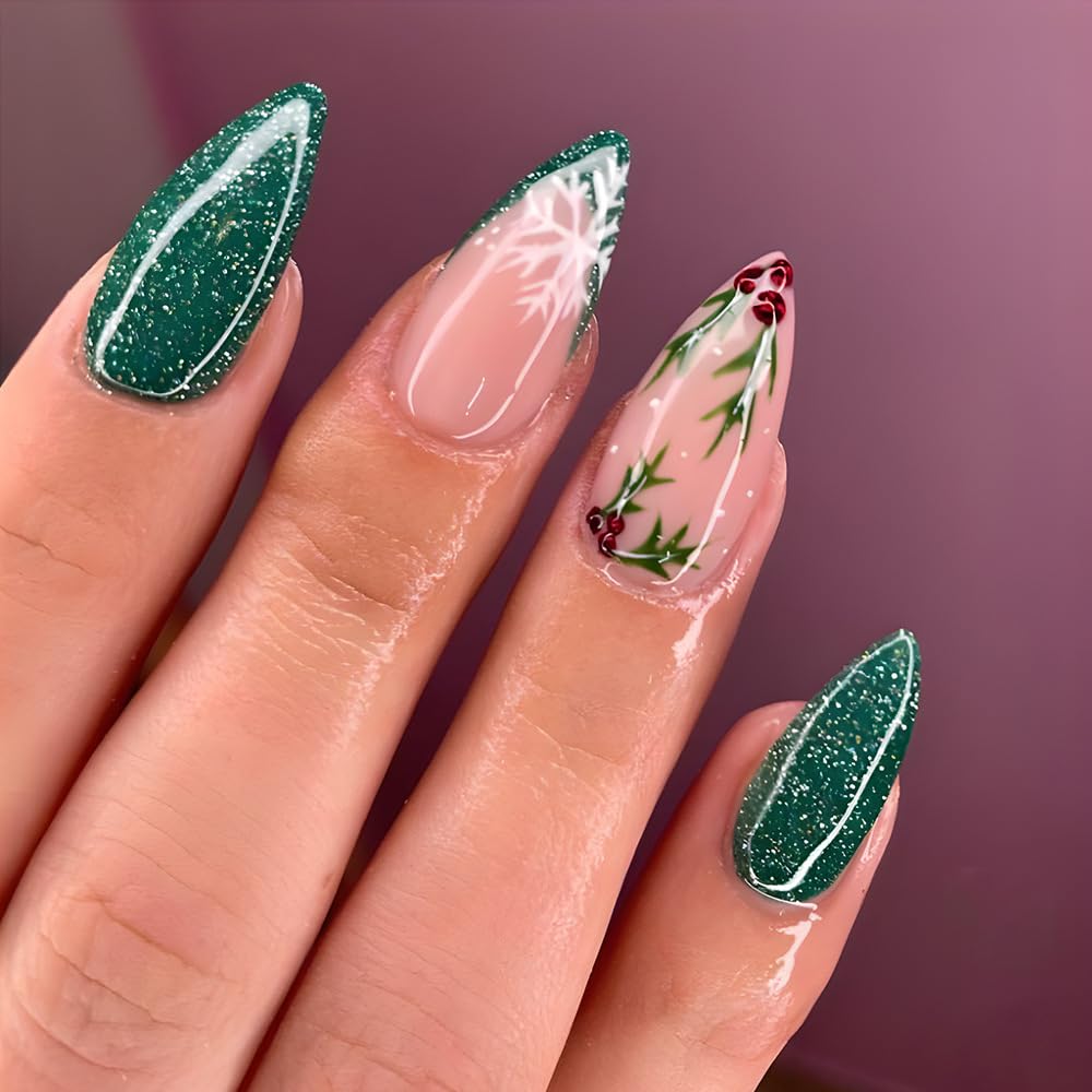 Holiday Cranberries Garland Glitter Stiletto Press-On Nails Acrylic False Nails-Free Shipping