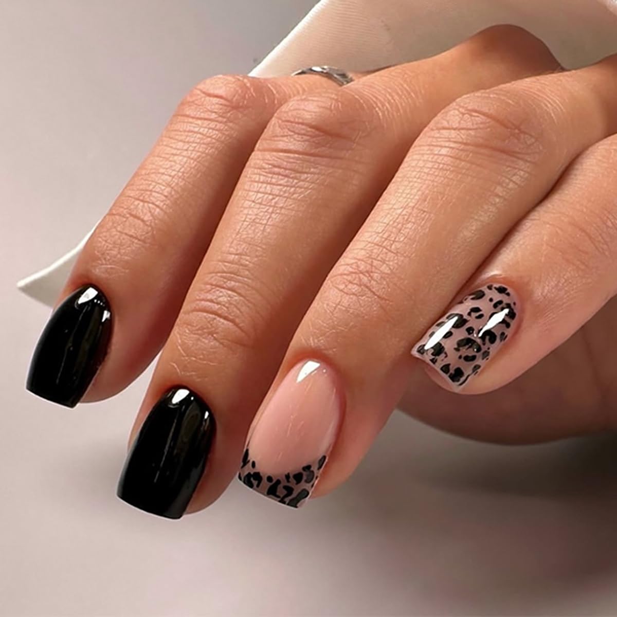 Spring Press on Nails Medium Coffin Shape Fake Nails with Black and Pink Cherry Blossom Designs Gradient Ombre Flower Glue on Nails Glossy Finish Artificial Nails for Women Girls, 24Pcs