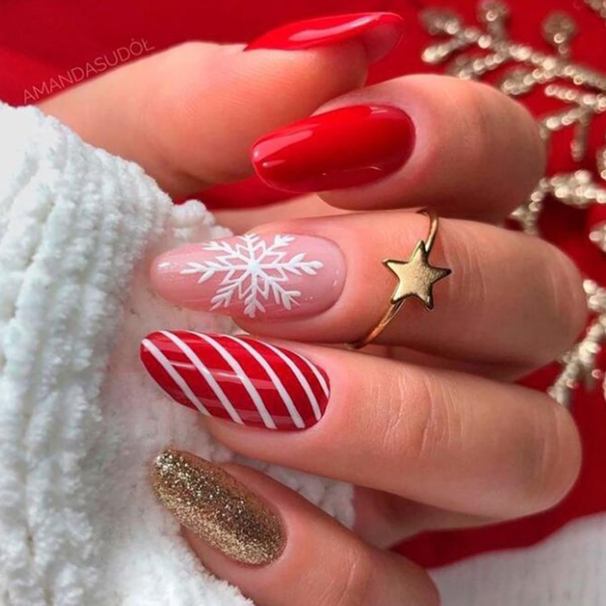 Candy Stripe Snowflake Glitter Press-On Nails Christmas False Nails – Free Shipping