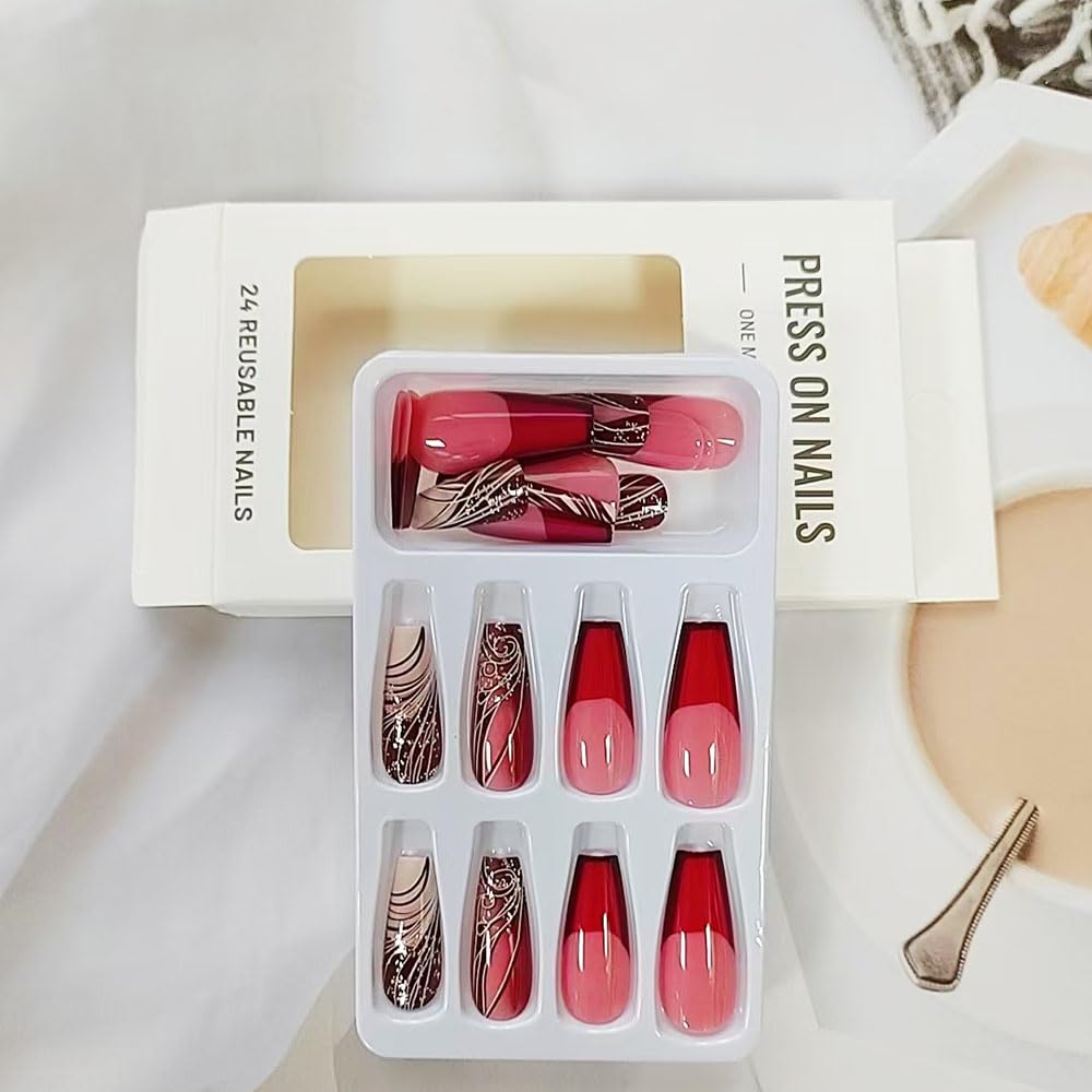 Elegant Autumn Press On Nails, Medium Square Shape, Full Cover with Pattern Design - Free Shipping