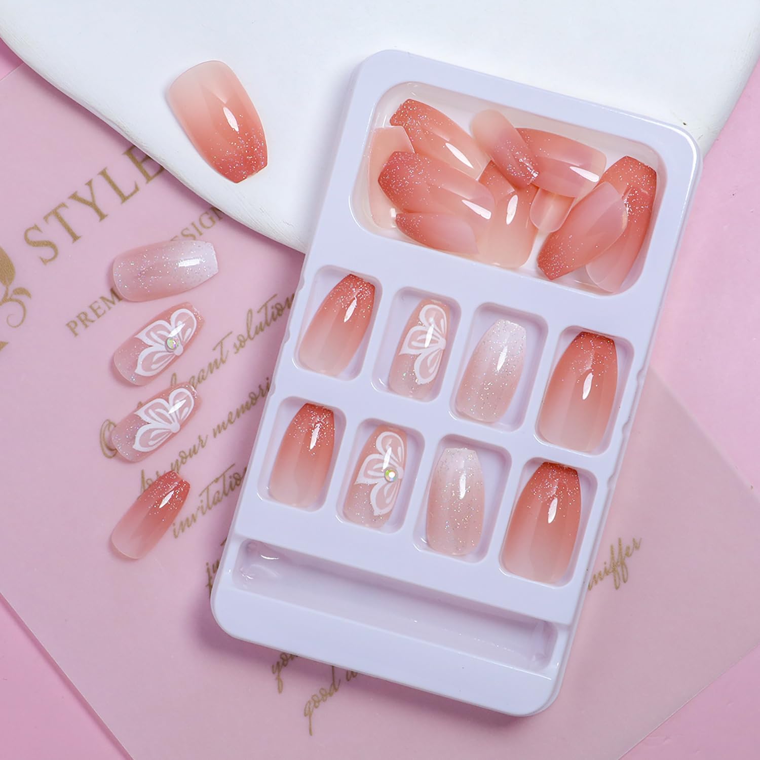 Glamorous Rhinestone Flower Coffin Press-On Nails Acrylic False Nails - Free Shipping