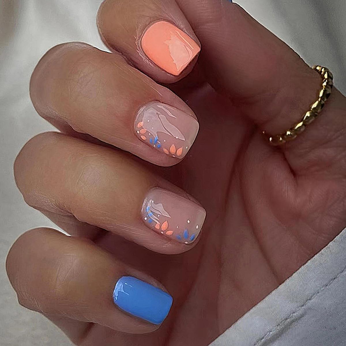 Vibrant Floral Blue Orange Press-On Nails Short Square Acrylic False Nails - Free Shipping