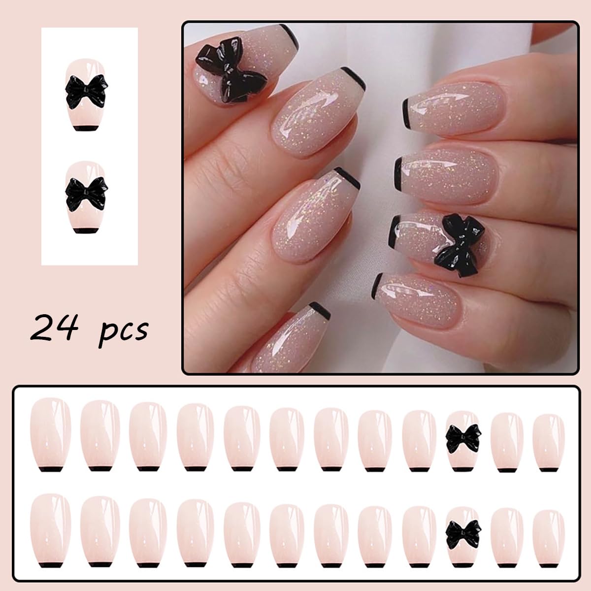 Black Glitter Bow Press on Nails - 24 Pcs Medium Square Full Cover Fake Nails - Free Shipping