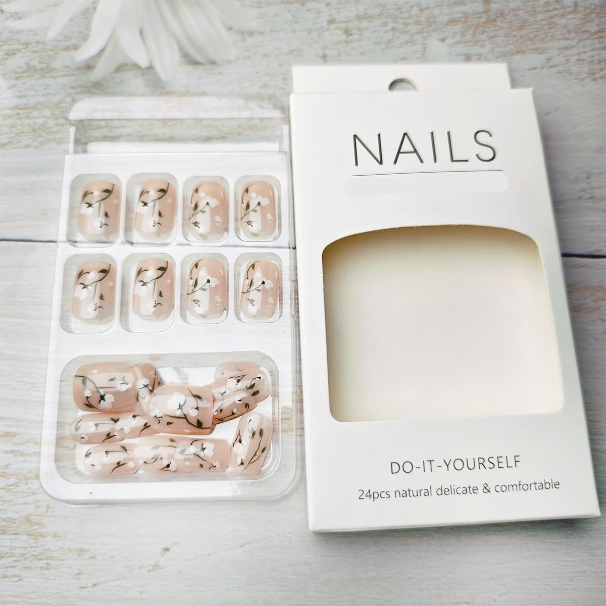 Soft White Bloom Flower Press on Nails - 24 Pcs Medium Square Full Cover Fake Nails - Free Shipping