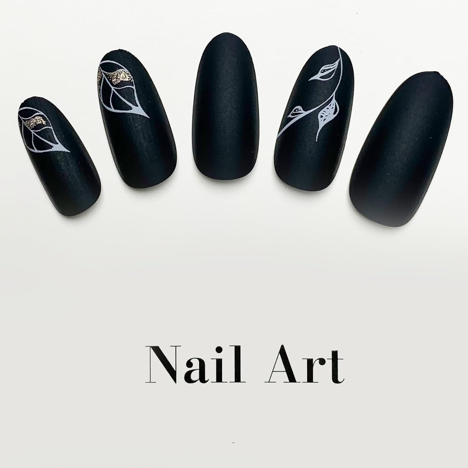 Black Matte Gold Leaf Almond Press-On Nails Acrylic False Nails-Free Shipping