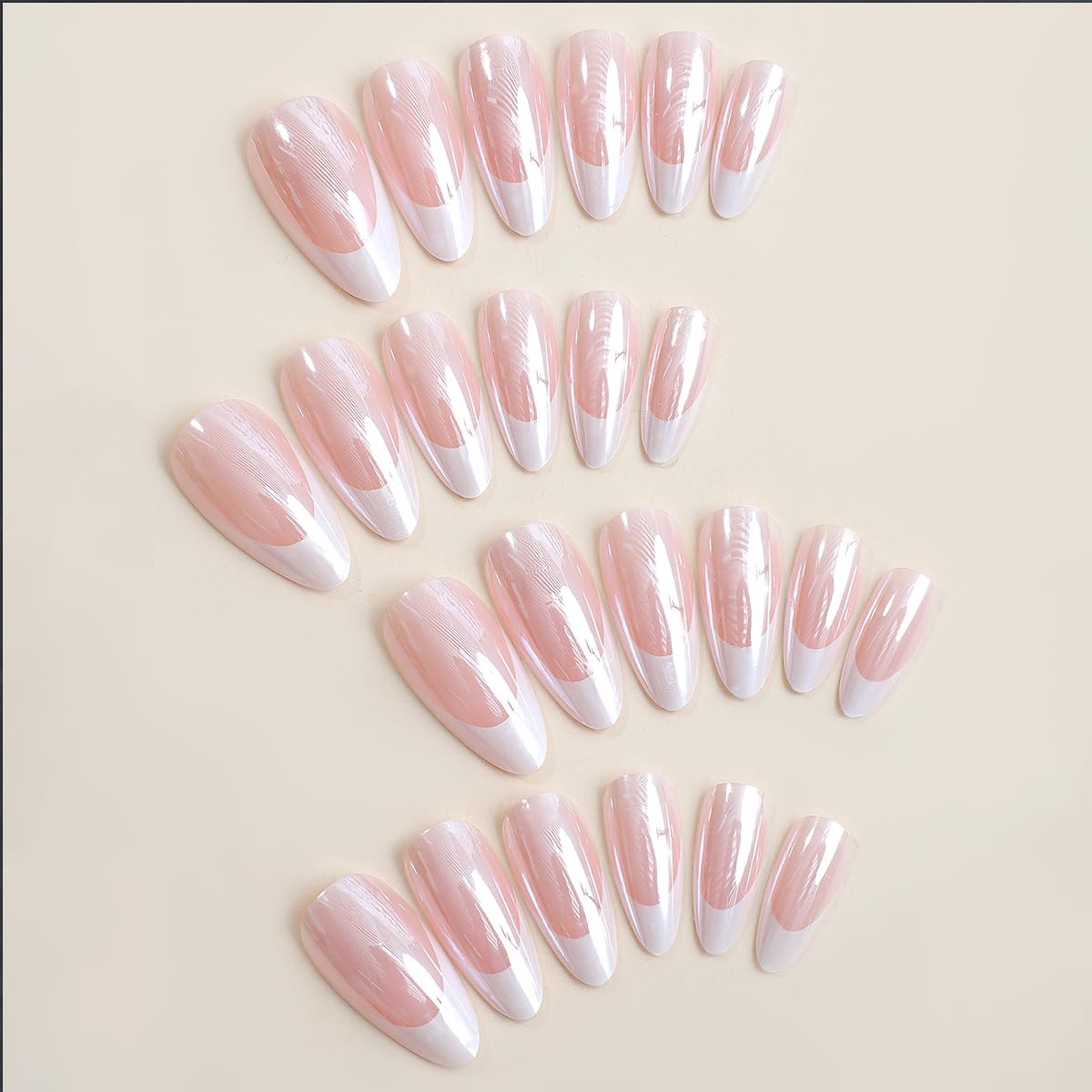White Pink Press on Nails, Medium Almond Acrylic False Nails - Free Shipping
