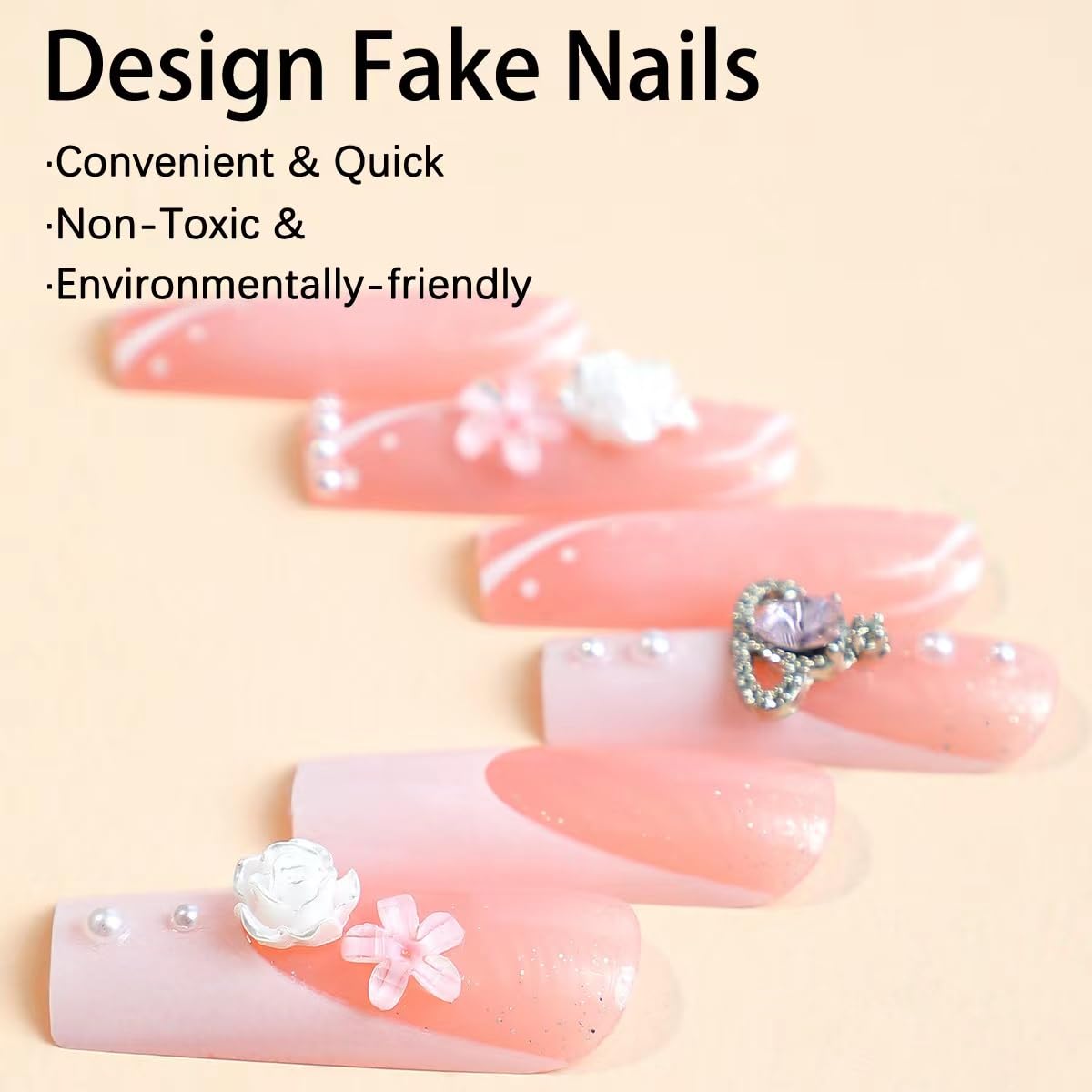3D Pearl Flower Rhinestone Bow Long Coffin Press-On Nails French Tip Acrylic Nails-Free Shipping