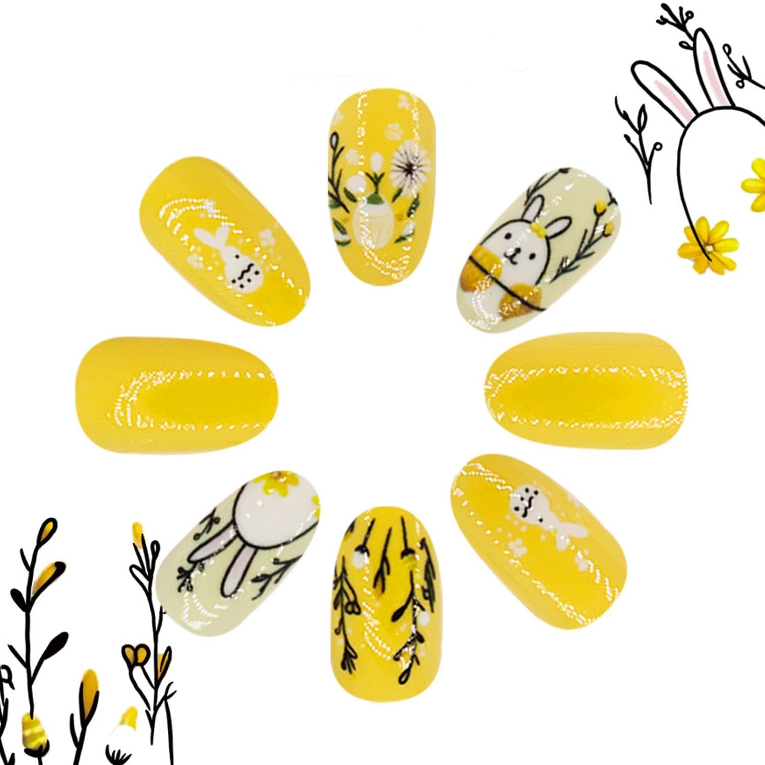 Easter Press On Nails Short Fake Nails with Glue Rabbit Eggs Pattern Design Flower False Nails Easter Press Ons Cute Bunny Stick on Nails Artificial Nails Finger Manicure for Women 24Pcs