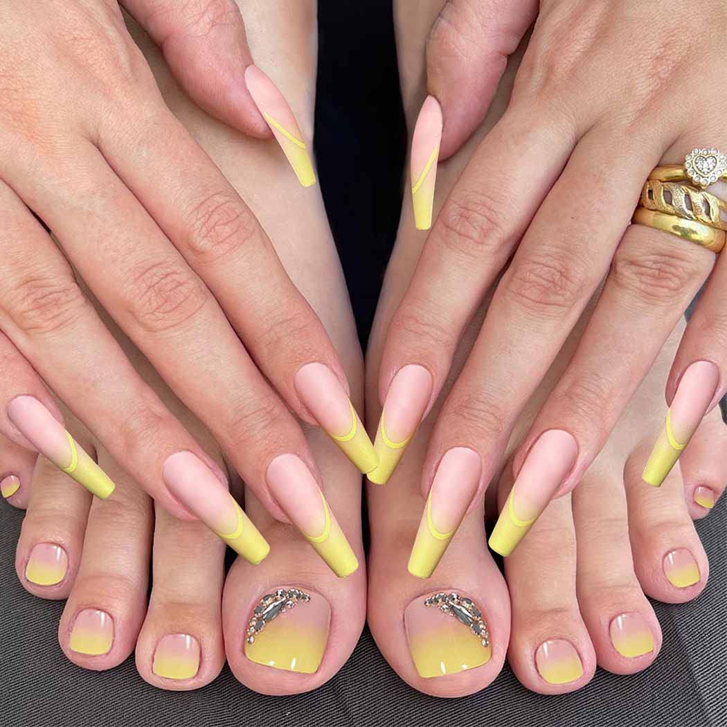 Chic Yellow Rhinestone Press-On Nail Set For Fingers And Toes, Shimmer And Glossy Finish-Free Shipping - Lady Luana Luxe Nails