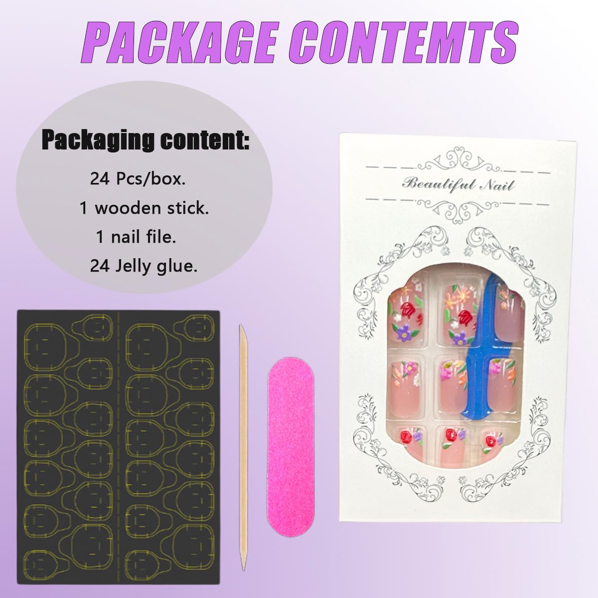 Bee Tulip Floral Press-On Nails Set-Medium Length, Square Shape, Reusable Acrylic False Nails-Free Shipping