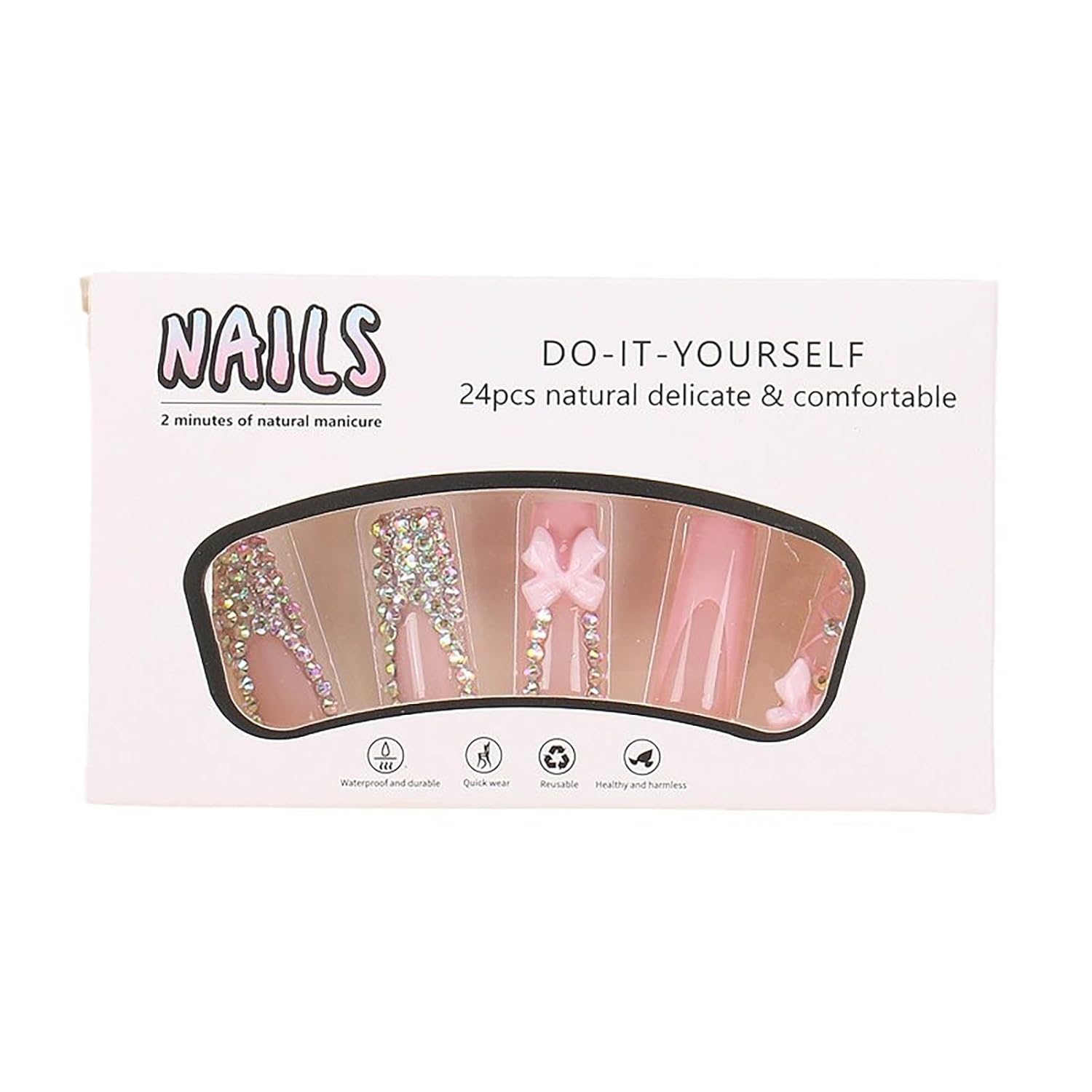 Chic Pink Bow and Rhinestone Coffin French Tip Press-On Nails Fake Nails-Free Shipping