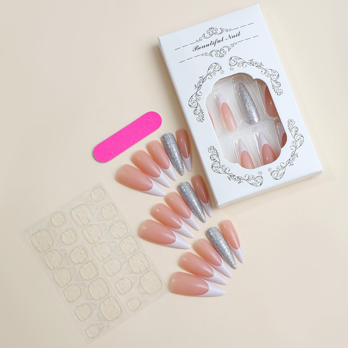 Stiletto Long Press On Nail French Tip Silver White-Free Shipping - Lady Luana Luxe Nails