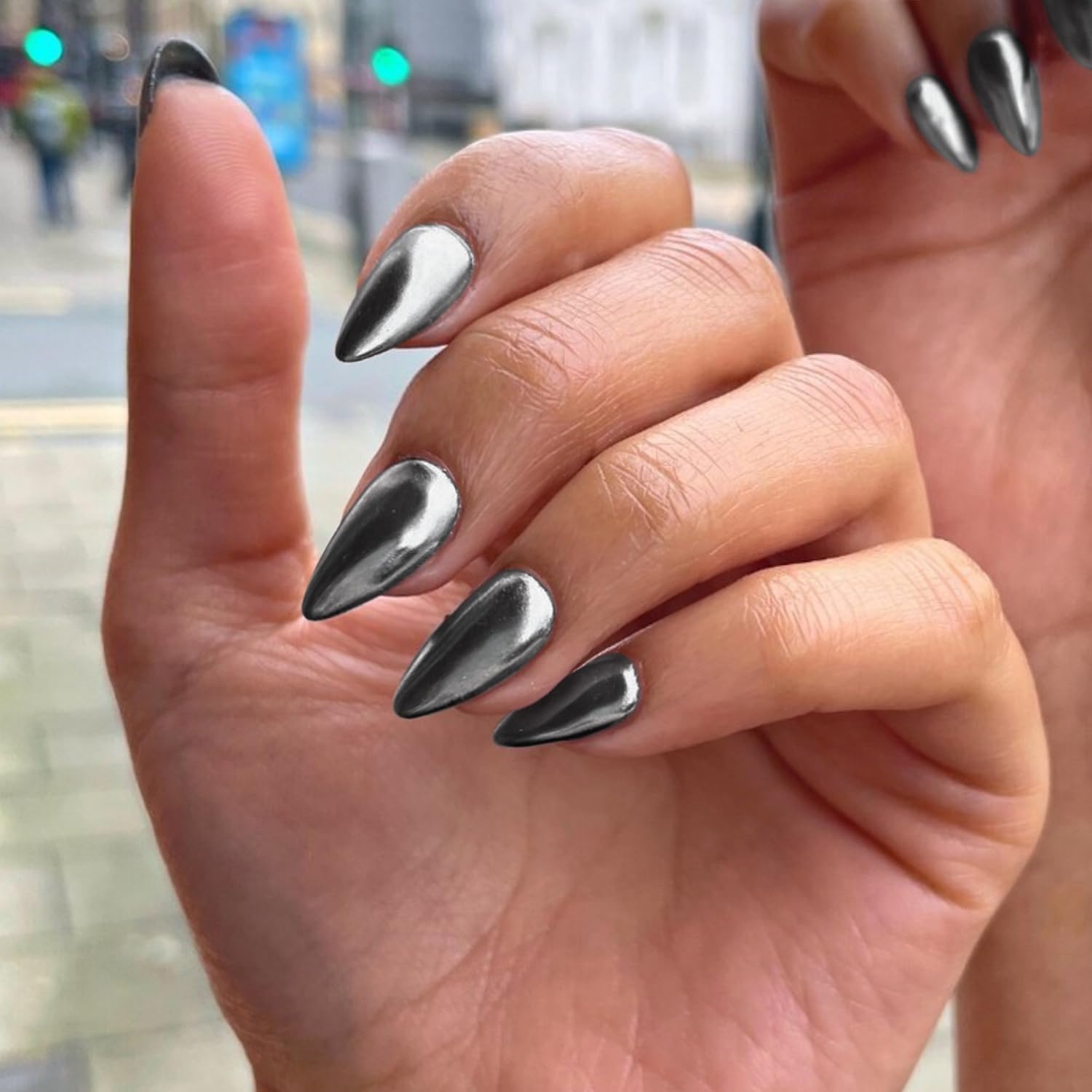 Black Chrome Metal Press-On Nails Almond False Nails - Free Shipping