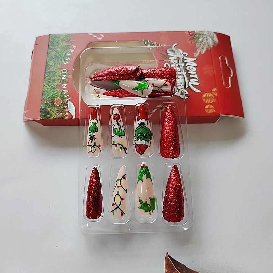 Red Glitter Grinch Christmas Press-On Stiletto Nails Acrylic Holiday Nails - Free Shipping