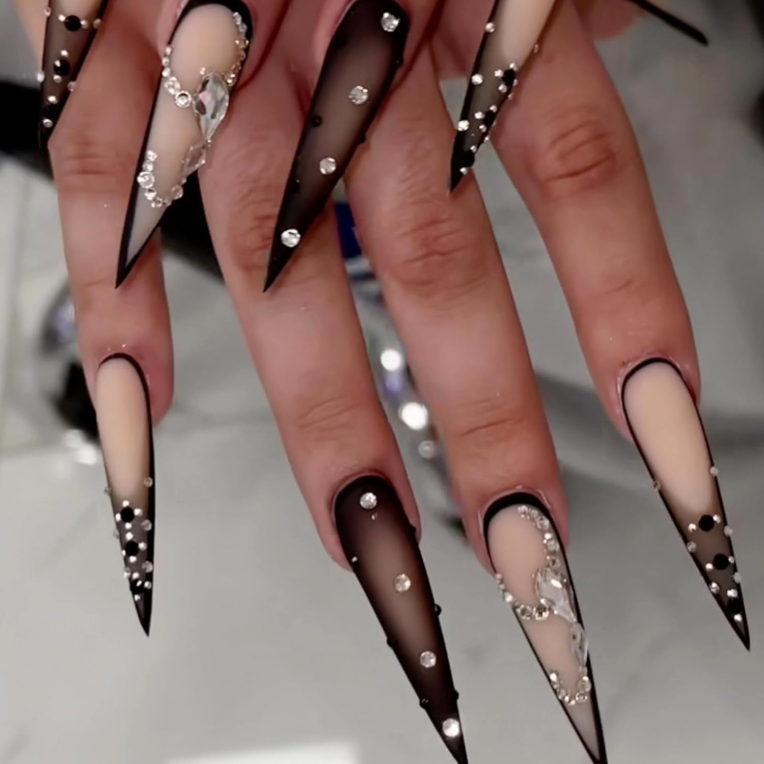 Black Matte Stiletto Rhinestone Press-On Nails Acrylic Fake Nails-Free Shipping