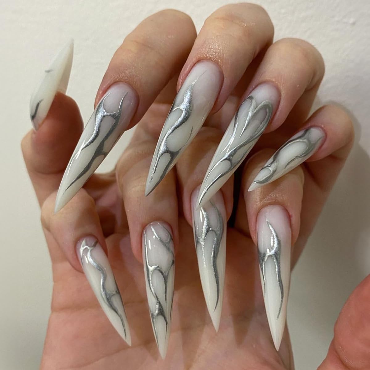 Stiletto White Silver Milky Press on Nails-Free Shipping - Lady Luana Luxe Nails