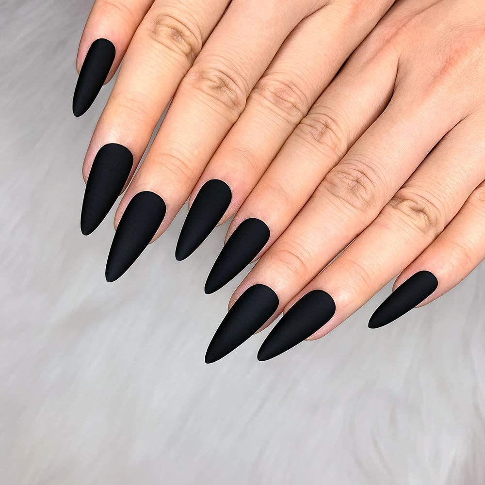 Elegant Black Medium Matte Stiletto Press-On Fake Nails–Trendy Artificial Manicure for Effortless Style-Free Shipping