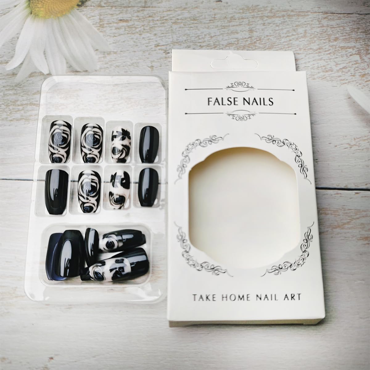 Black Rose Flower Press on Nails - 24 Pcs Medium Square Full Cover Fake Nails - Free Shipping