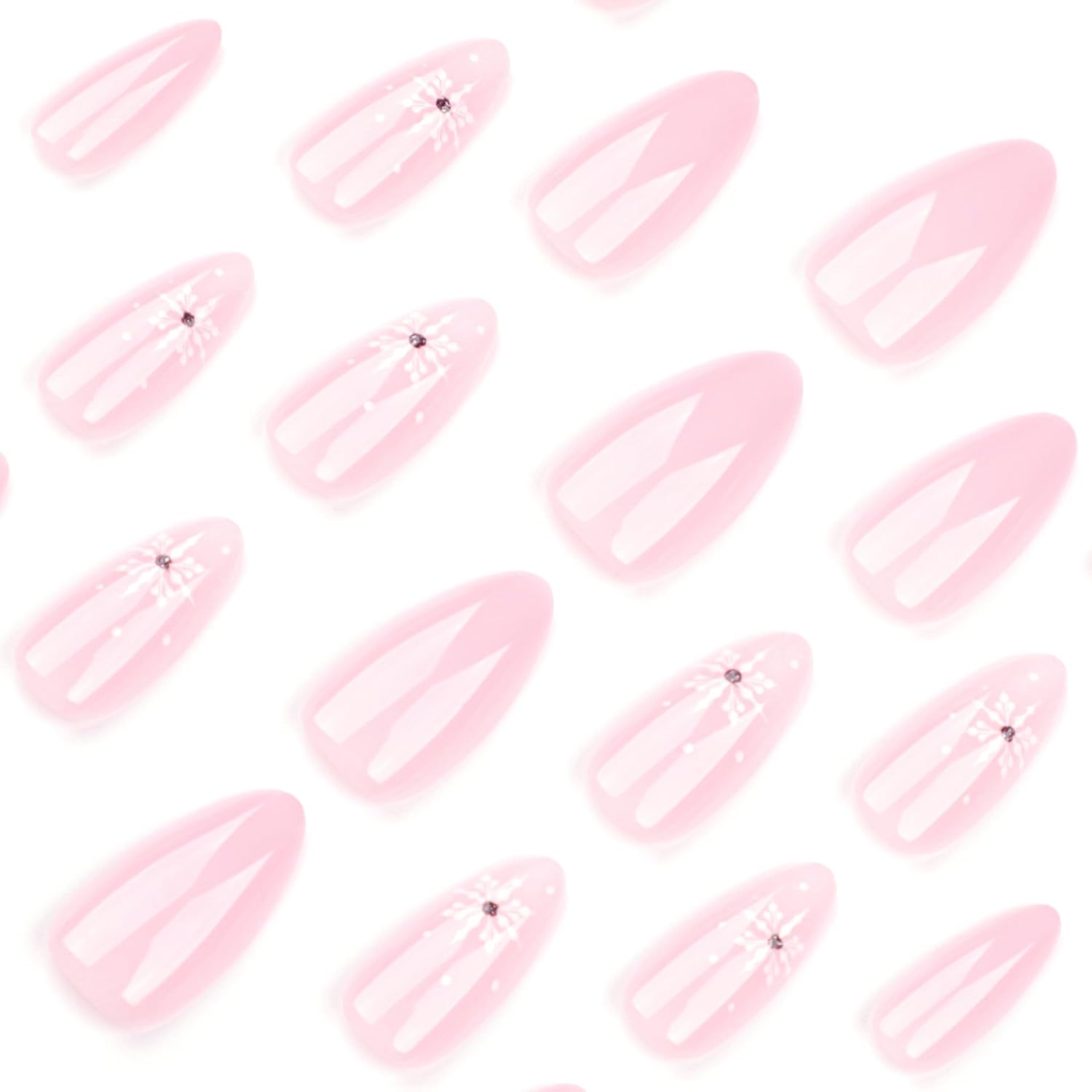 Pink Rhinestone Snowflake Christmas Almond Press-On Acrylic Nails - Free Shipping