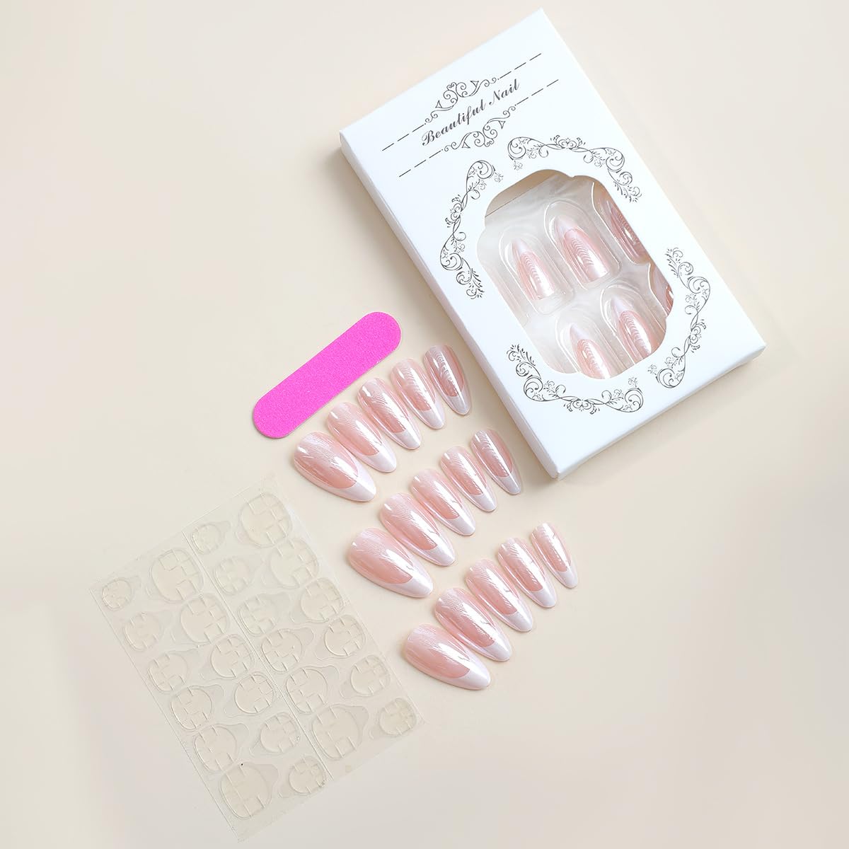 White Pink Press on Nails, Medium Almond Acrylic False Nails - Free Shipping