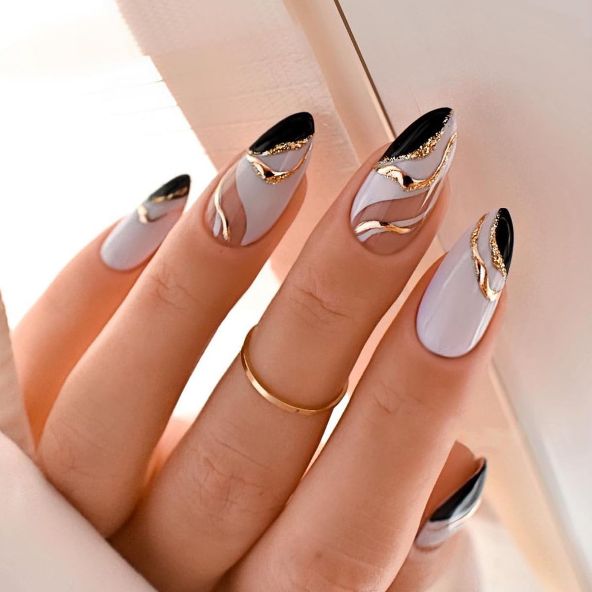 Glamorous Black Gold Abstract Almond Press-On Acrylic Fake Nails-Free Shipping