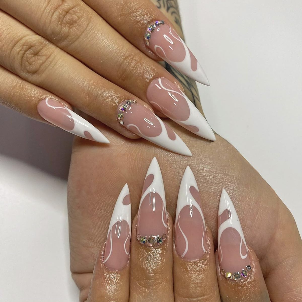 Stiletto Press On Long White Pink Flame-Free Shippng - Lady Luana Luxe Nails