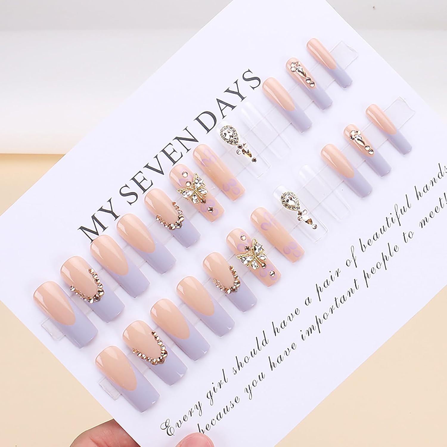 Butterfly Rhinestone French Coffin Press-On Nails Acrylic Fake Nails - Free Shipping