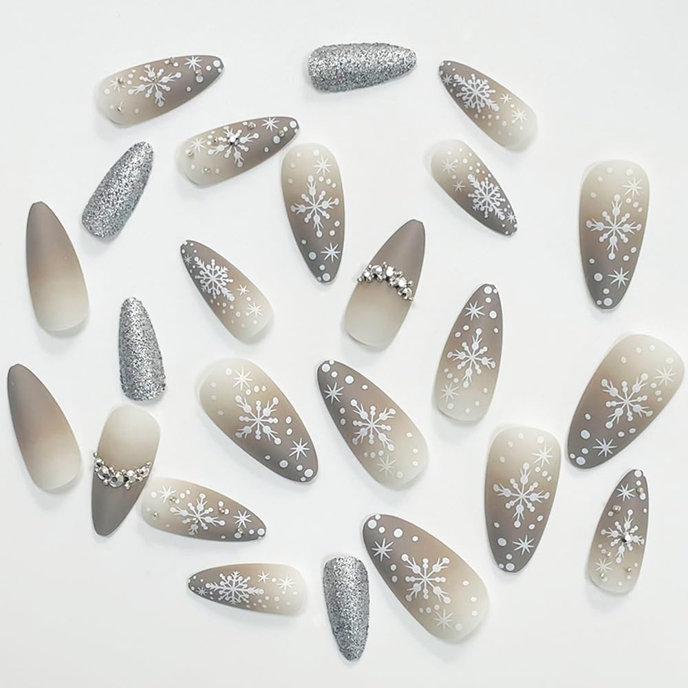 Glitter Snowflake Rhinestone Christmas Press-On Nails Acrylic False Nails-Free Shipping