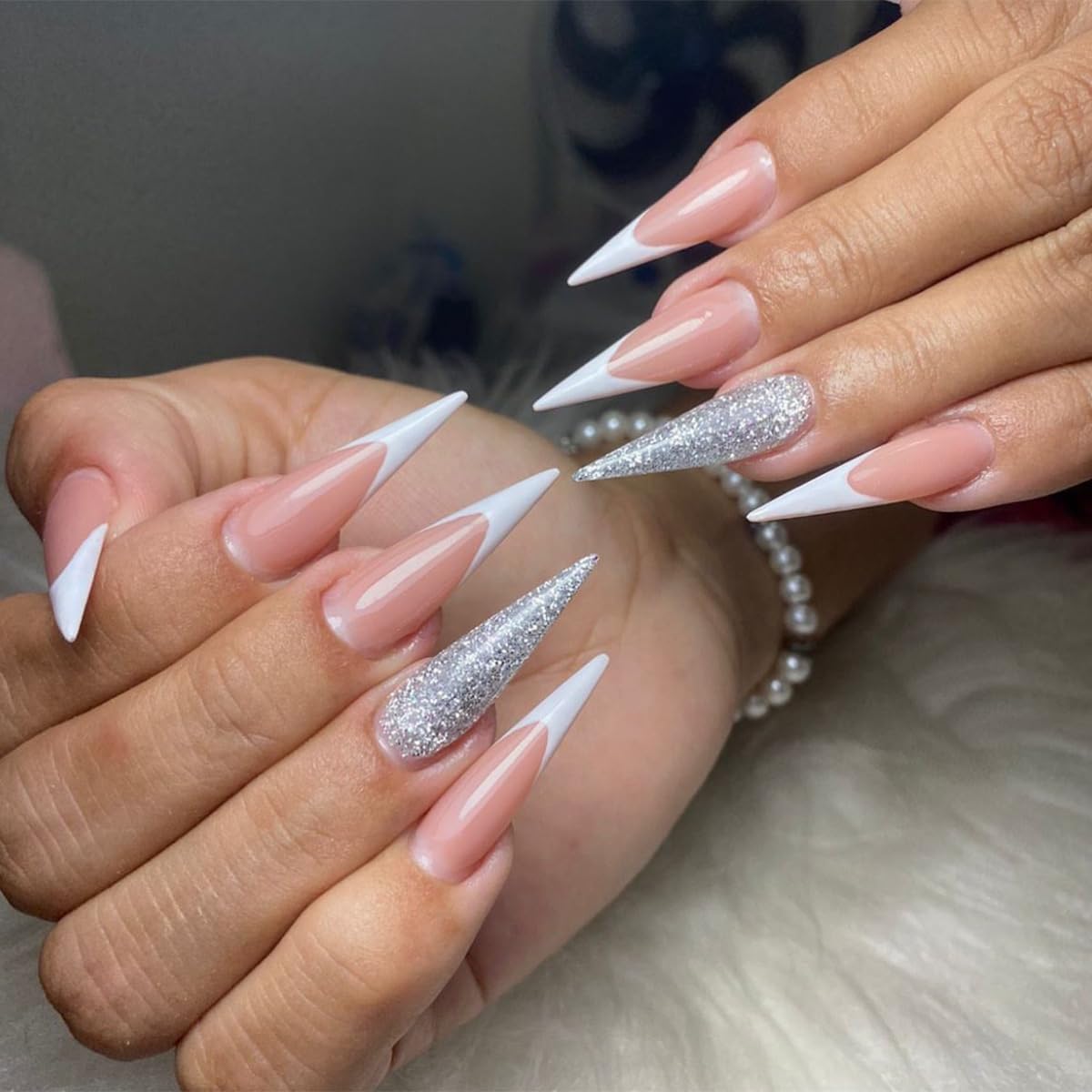 Stiletto Long Press On Nail French Tip Silver White-Free Shipping - Lady Luana Luxe Nails