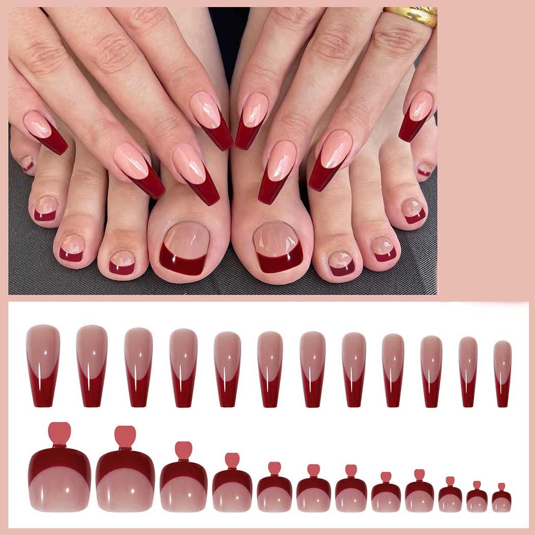 Red French Nude Press-On Nail Set For Fingers And Toes, Shimmer And Glossy Finish-Free Shipping - Lady Luana Luxe Nails
