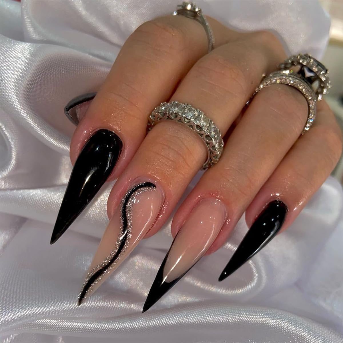 Stiletto Long BlackSilver Bare Press On Nails Curve-Free Shipping - Lady Luana Luxe Nails