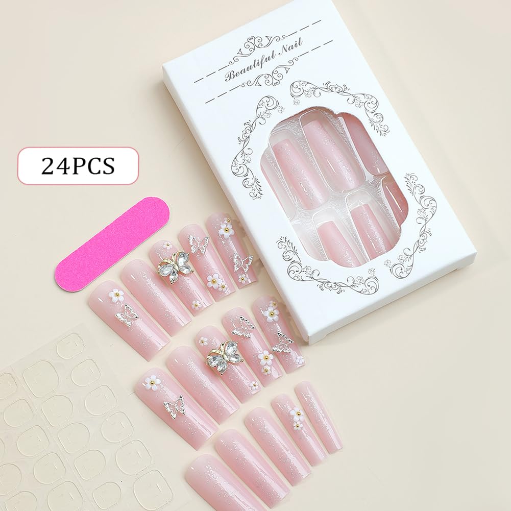 3D Butterfly Glitter Flower Long Coffin Press-On Acrylic False Nails - Free Shipping