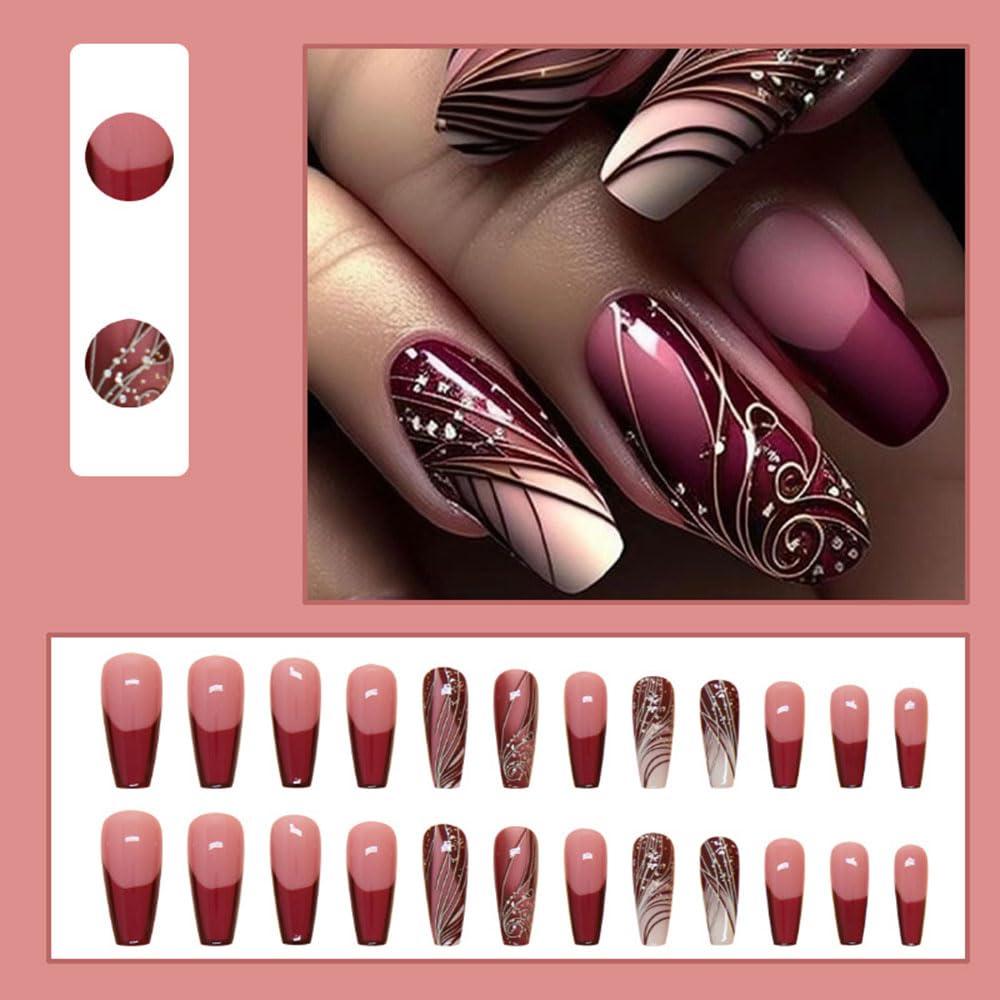Elegant Autumn Press On Nails, Medium Square Shape, Full Cover with Pattern Design - Free Shipping