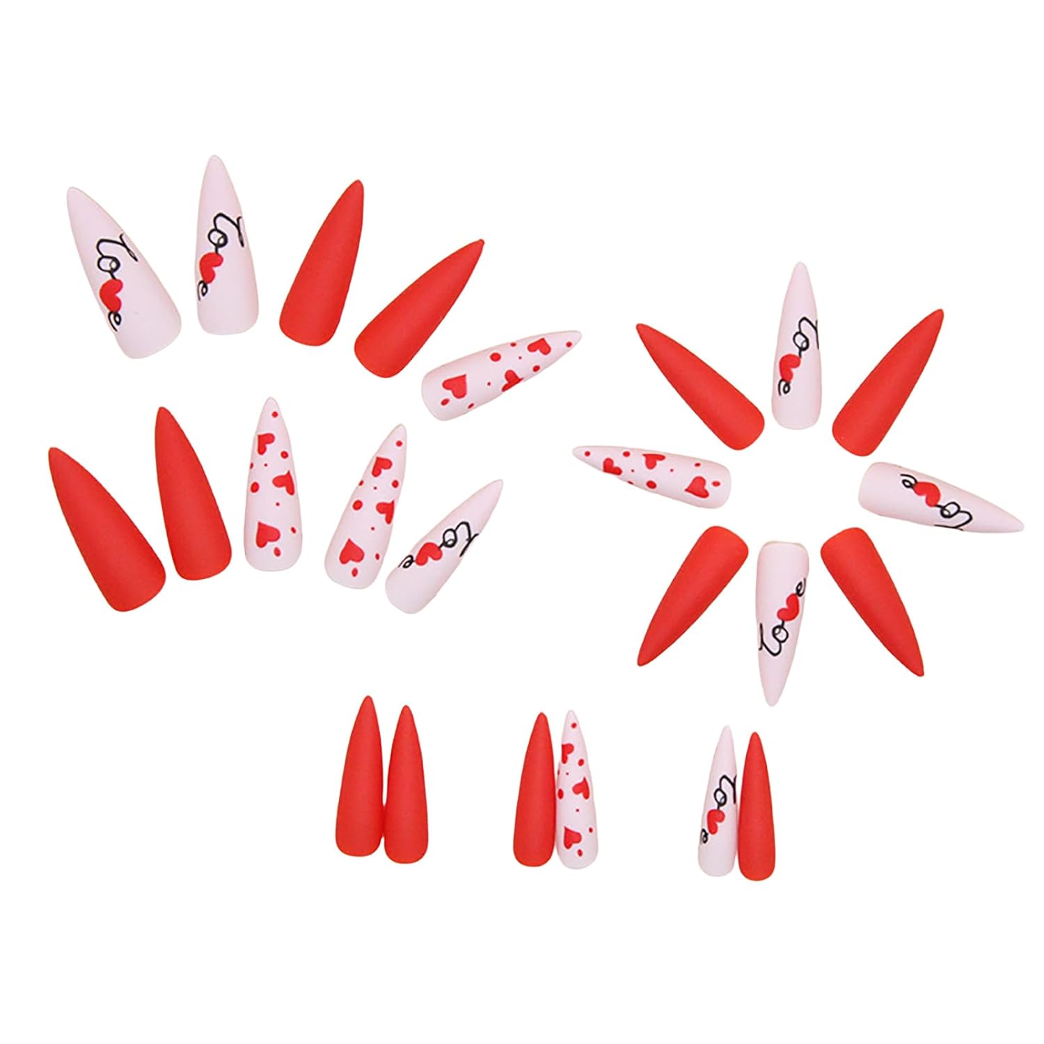 Valentines Day Press on Nails Long Stiletto Fake Nails with Red Heart & LOVE Designs Full Cover Glossy Acrylic Nails Stick on Nails Stick on Nails Valentine’s Nails Press ons for Women and Girls 24Pcs