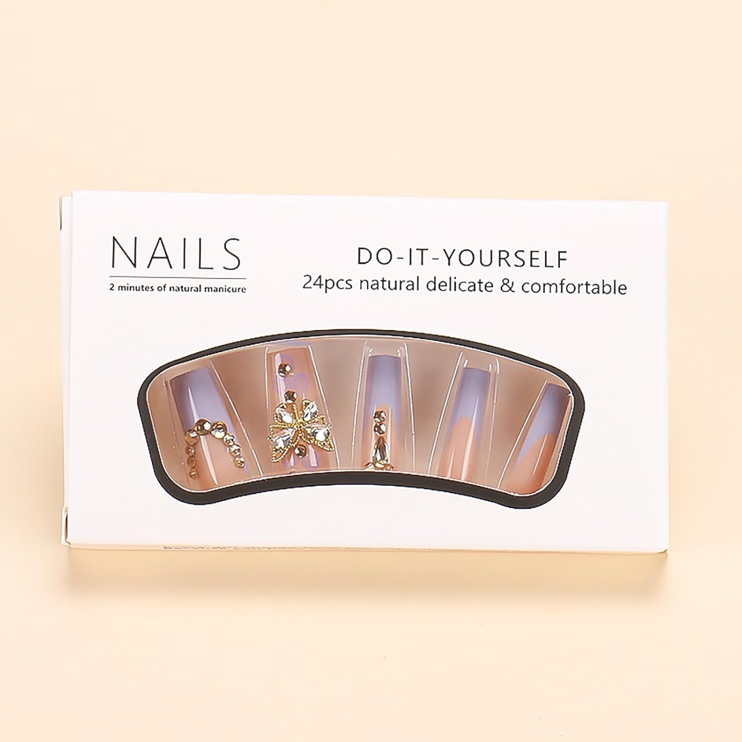 Butterfly Rhinestone French Coffin Press-On Nails Acrylic Fake Nails - Free Shipping