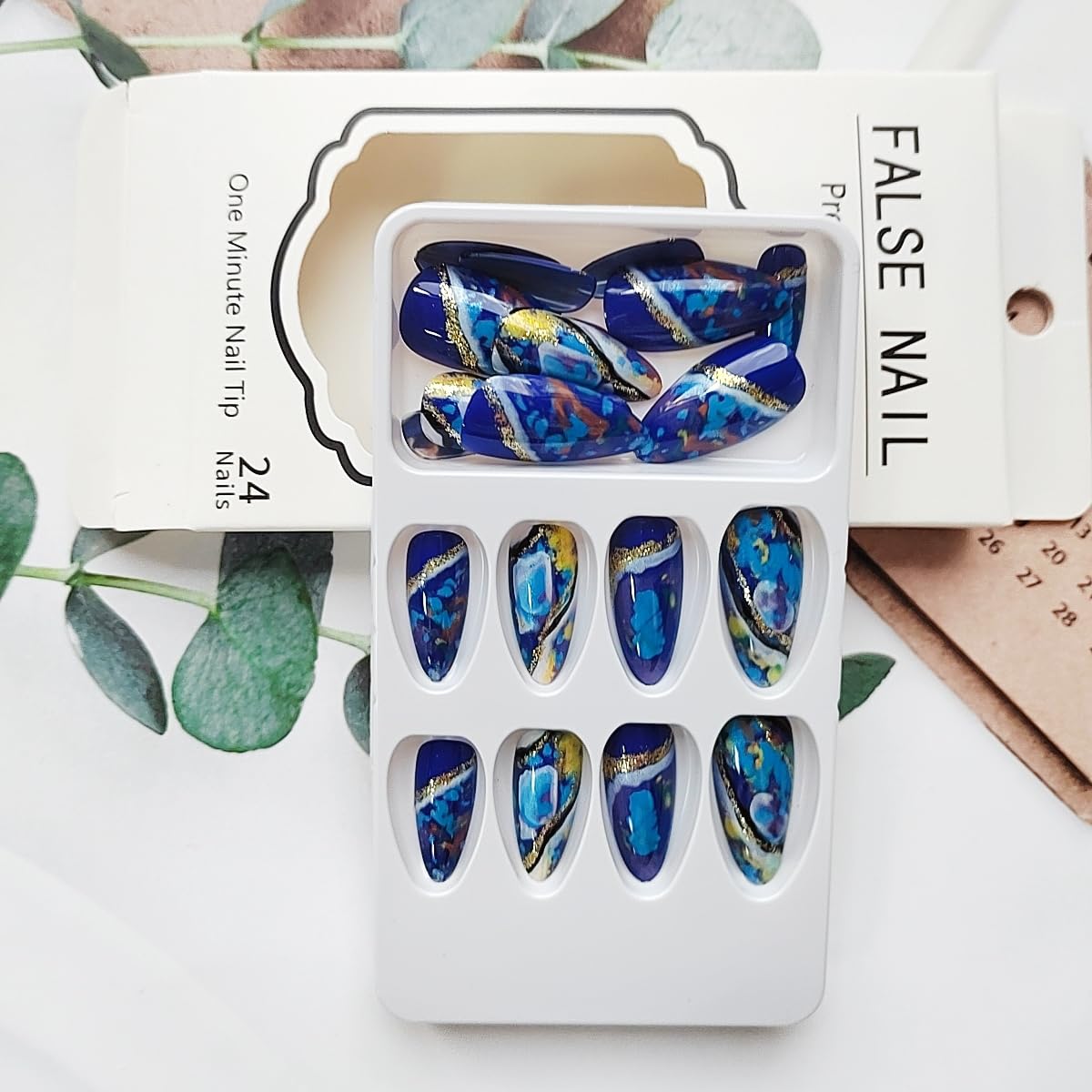 Gold Foil Almond Press-On Fake Nails – 24Pcs Glossy Star Sky Design-Free Shipping