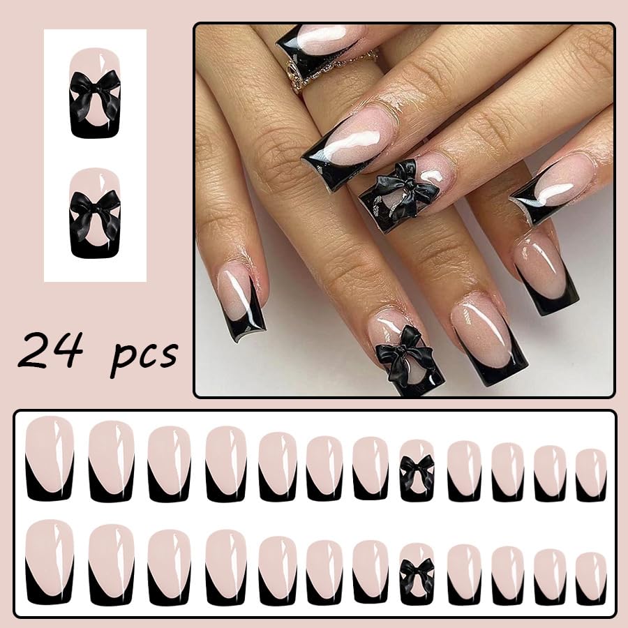 Black Bow French Press on Nails - 24 Pcs Medium Square Full Cover Fake Nails - Free Shipping