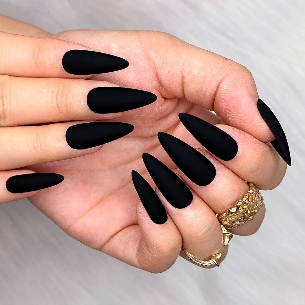 Elegant Black Medium Matte Stiletto Press-On Fake Nails–Trendy Artificial Manicure for Effortless Style-Free Shipping