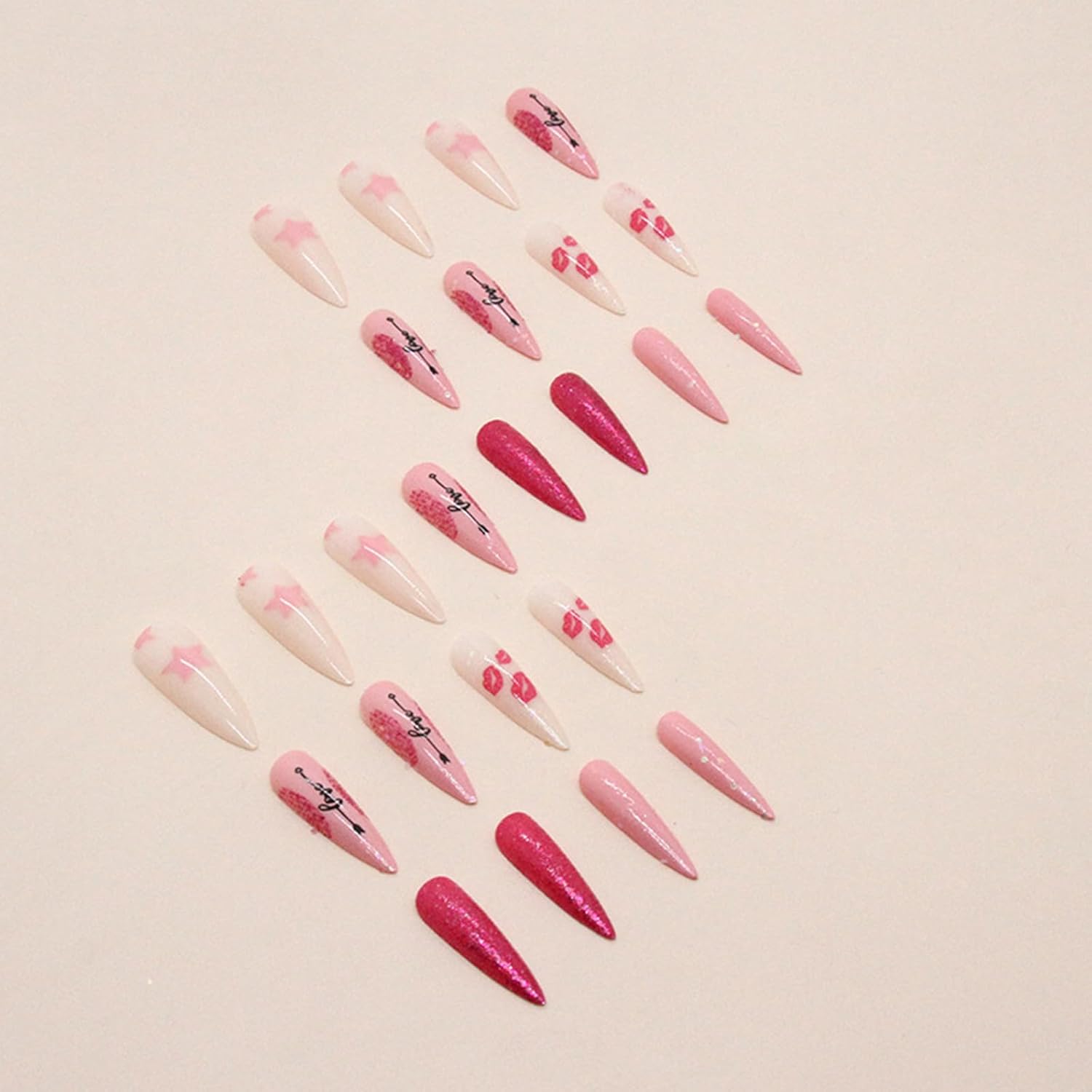 Hot Pink Kisses Press on Nails Long Stiletto Valentines Day Fake Nails with Pink Lip Black Love Letter Design Pink Glitter False Nails Valentine Glue on Nails Artificial Stick on Nails for Women Girls