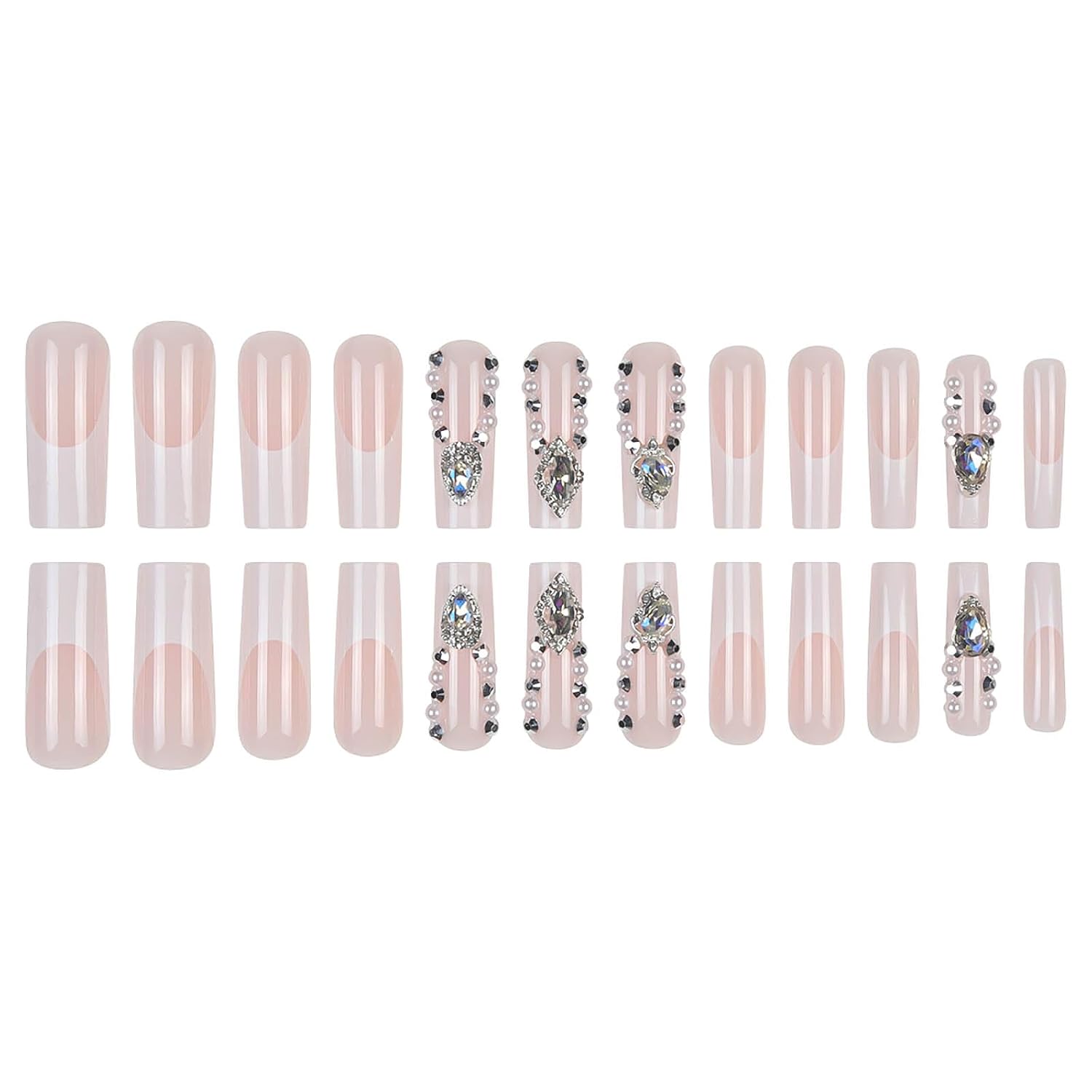 Pink Rhinestone French Coffin Press On Nails Acrylic Fake Nails-Free Shipping