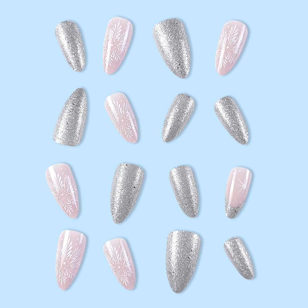 Winter Silver Glitter Snowflake French Christmas Press-On Nails Acrylic False Nails - Free Shipping
