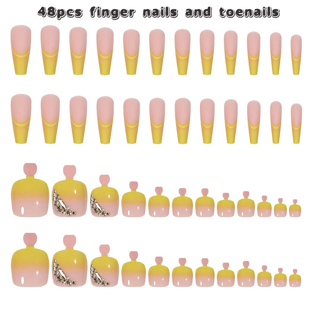 Chic Yellow Rhinestone Press-On Nail Set For Fingers And Toes, Shimmer And Glossy Finish-Free Shipping - Lady Luana Luxe Nails