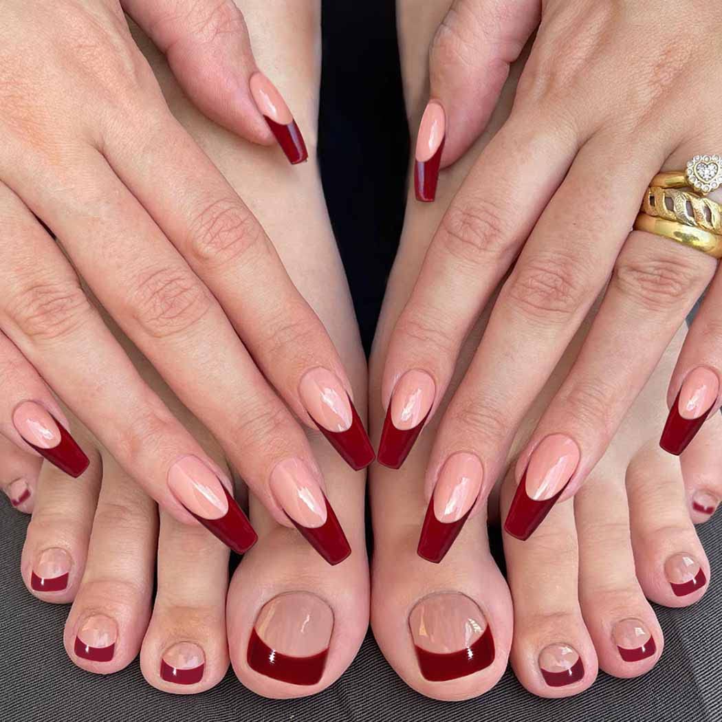 Red French Nude Press-On Nail Set For Fingers And Toes, Shimmer And Glossy Finish-Free Shipping - Lady Luana Luxe Nails