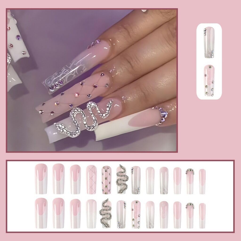 Snake Rhinestone White French Coffin Press-On Nails Acrylic False Nails-Free Shipping