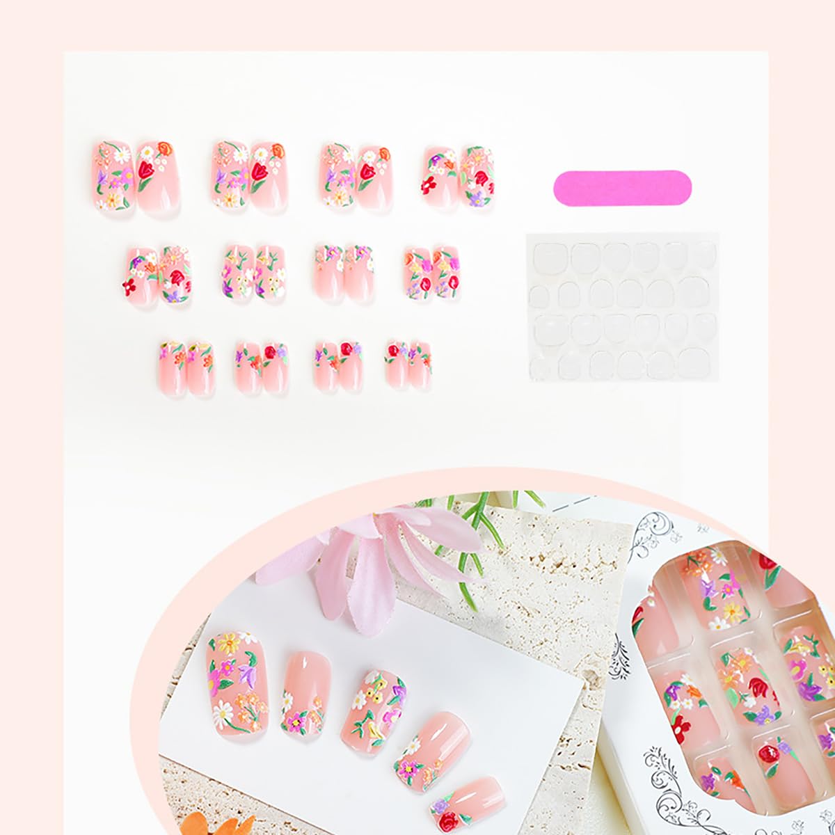 Bee Tulip Floral Press-On Nails Set-Medium Length, Square Shape, Reusable Acrylic False Nails-Free Shipping