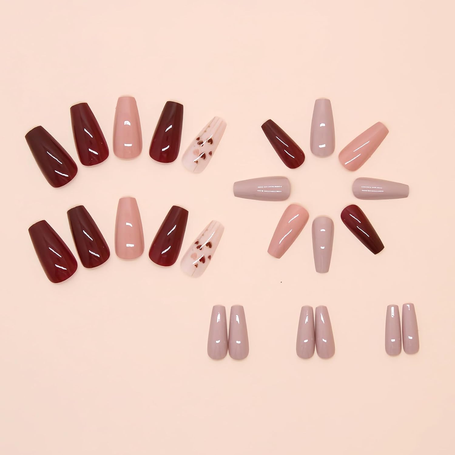 Valentines Press on Nails Medium Coffin Fake Nails with Love Heart Design Full Cover False Nails Cute Pink Heart Artificial Nails Valentines Day Stick on Nails for Women Girls 24 Pcs
