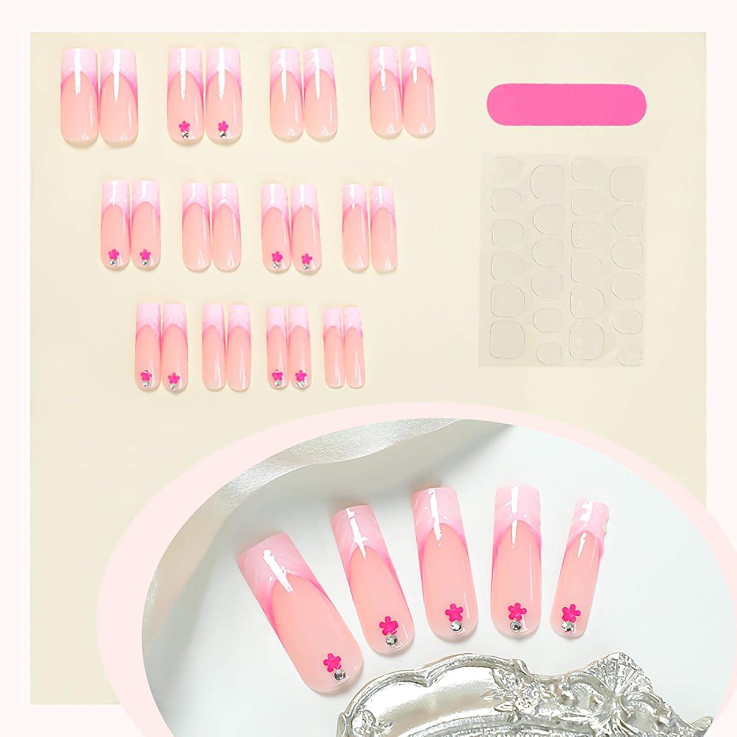 Chic Pink 3-D Wavy Edge Floral Accent Coffin Press-On Nails Fake Nails - Free Shipping